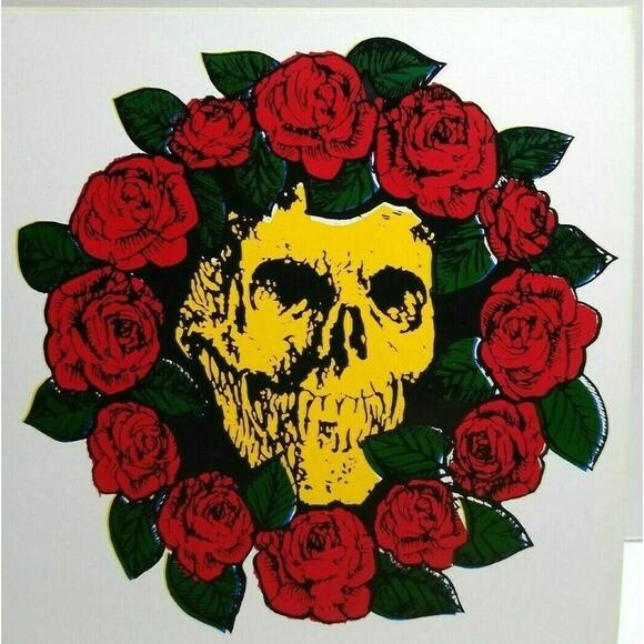 Grateful Dead Car Window Decal 1980s Bertha Yellow Face Skull Bed Of Red Roses - Picture 1 of 4